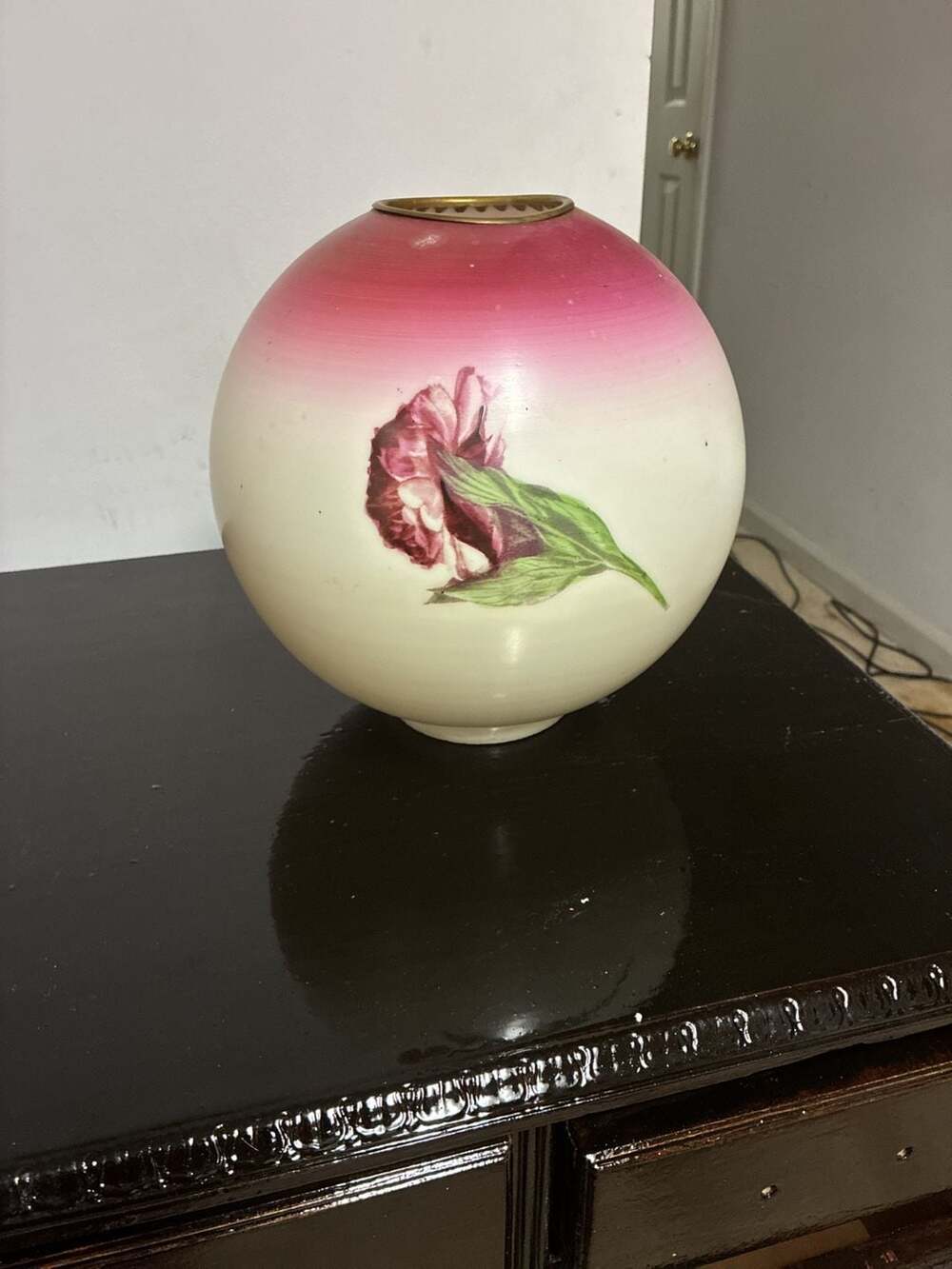 Vintage Hand-Painted Rose Floral Milk Glass Ball Lamp Shade